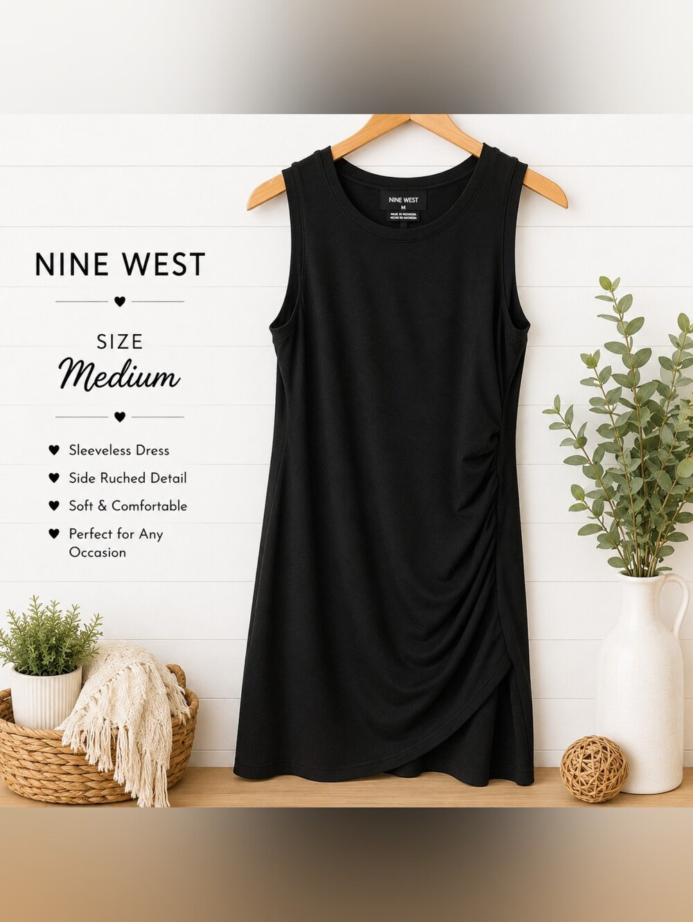 Nine West Black Sleeveless Side-Ruched Midi Dress